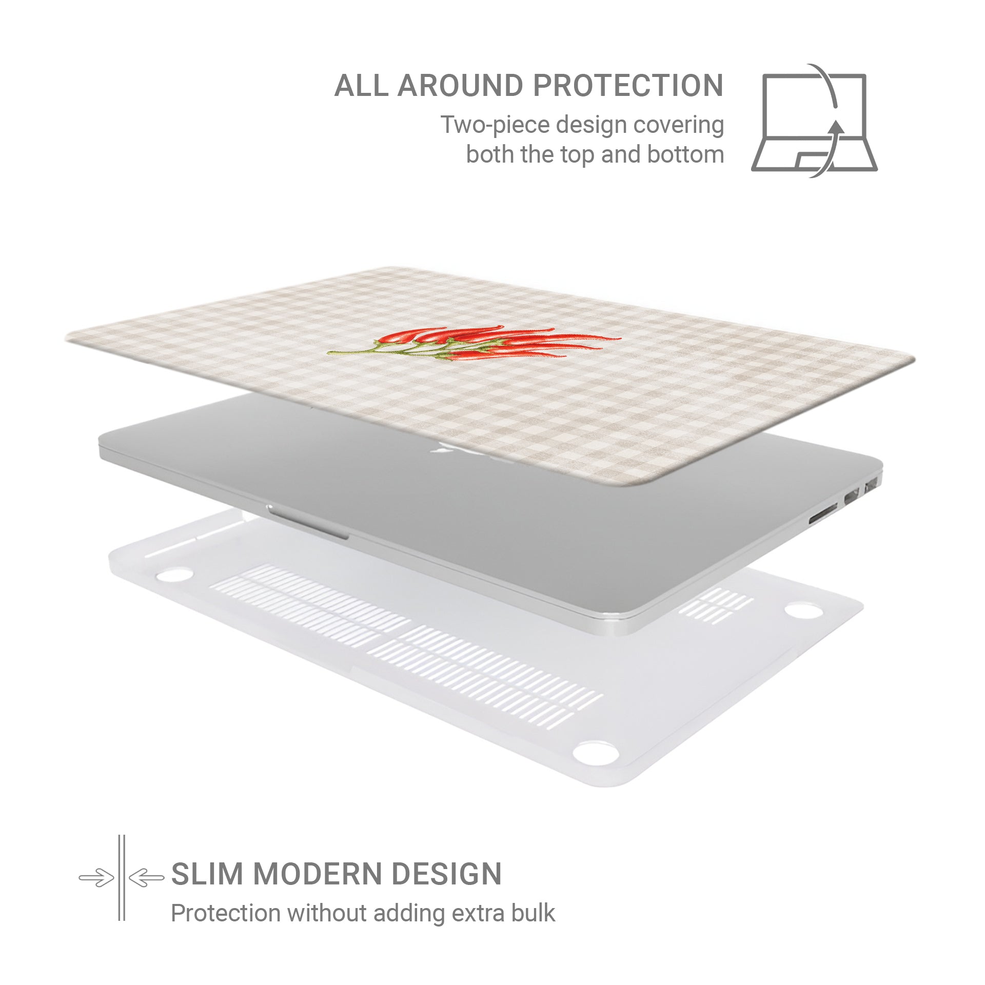 Scarlet Spice MacBook Case with watercolour red chillies on soft cream gingham

