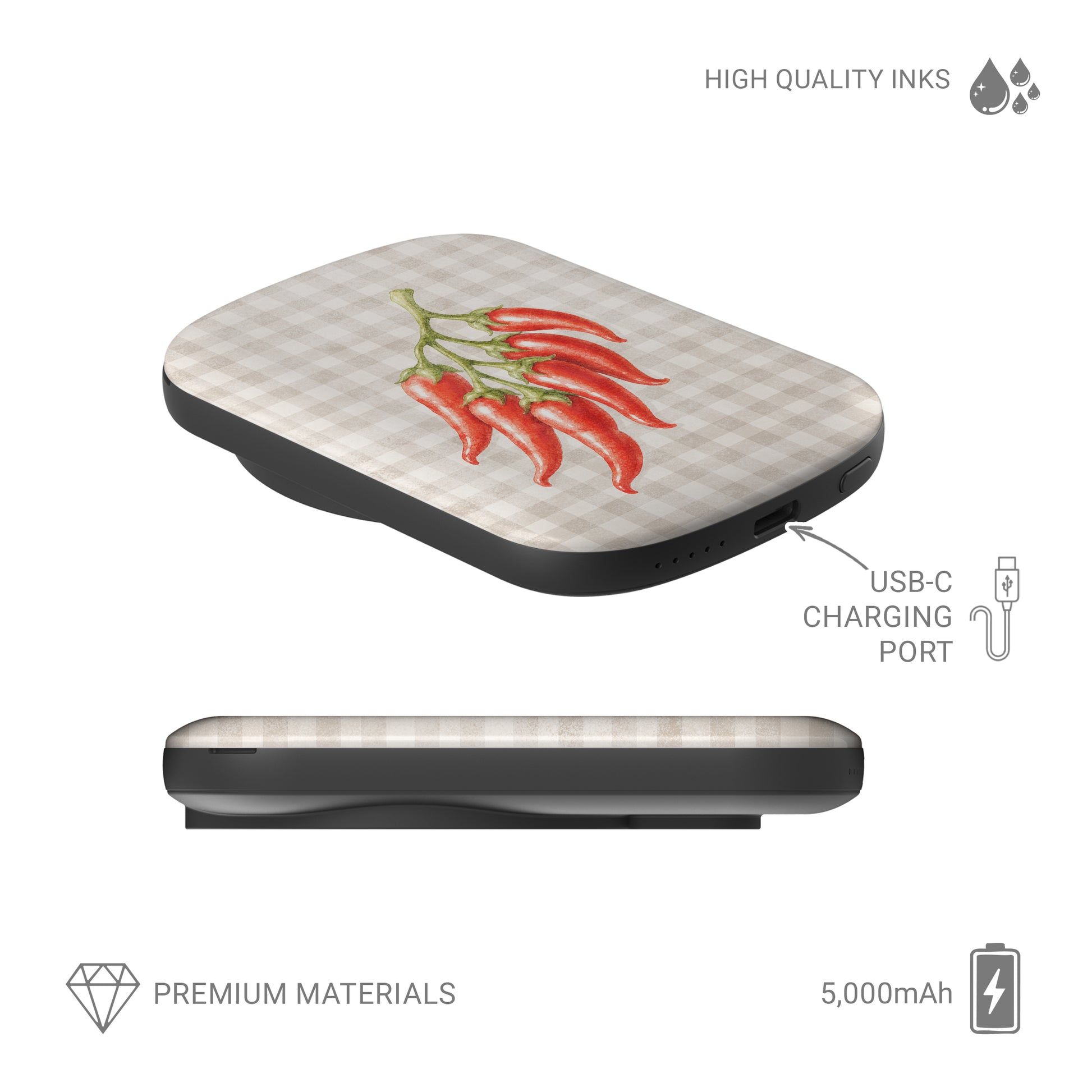 Scarlet Spice 5000mAh Magnetic Power Bank with watercolour red chillies on soft cream gingham
