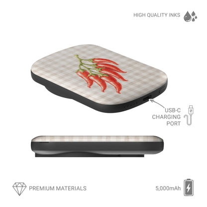 Scarlet Spice 5000mAh Magnetic Power Bank with watercolour red chillies on soft cream gingham

