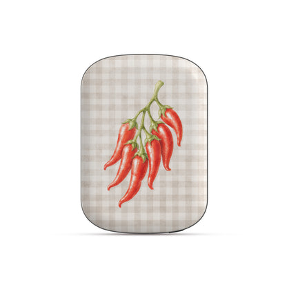 Scarlet Spice Power Bank Skin with watercolour red chillies on soft cream gingham
