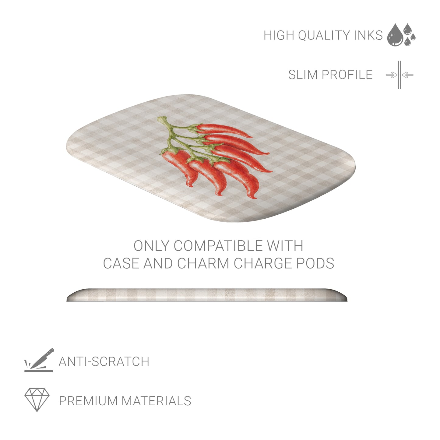 Scarlet Spice Power Bank Skin with watercolour red chillies on soft cream gingham
