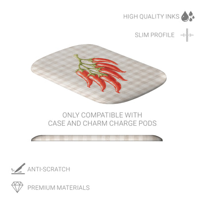 Scarlet Spice Power Bank Skin with watercolour red chillies on soft cream gingham
