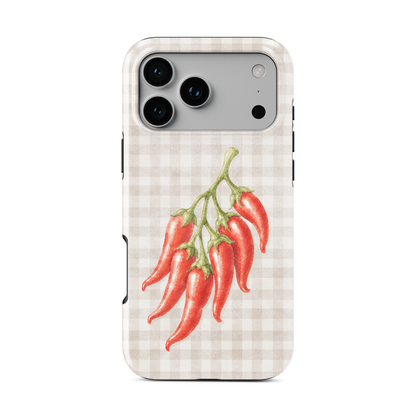 Scarlet Spice Tough Phone Case with watercolour red chillies on soft cream gingham
