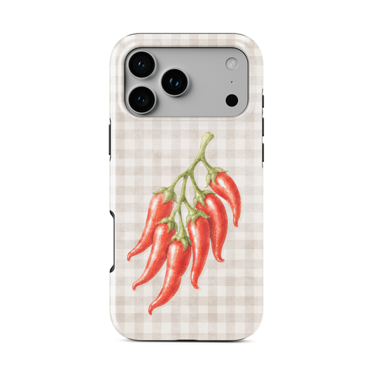 Scarlet Spice Tough Phone Case with watercolour red chillies on soft cream gingham
