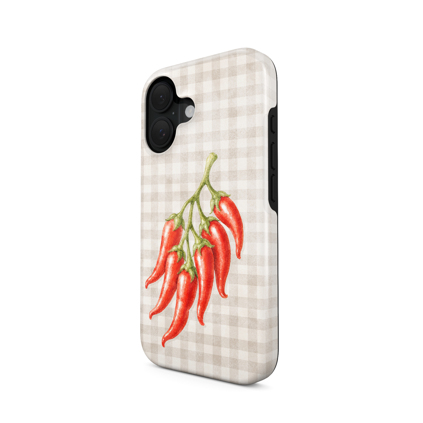Scarlet Spice Tough Phone Case with watercolour red chillies on soft cream gingham
