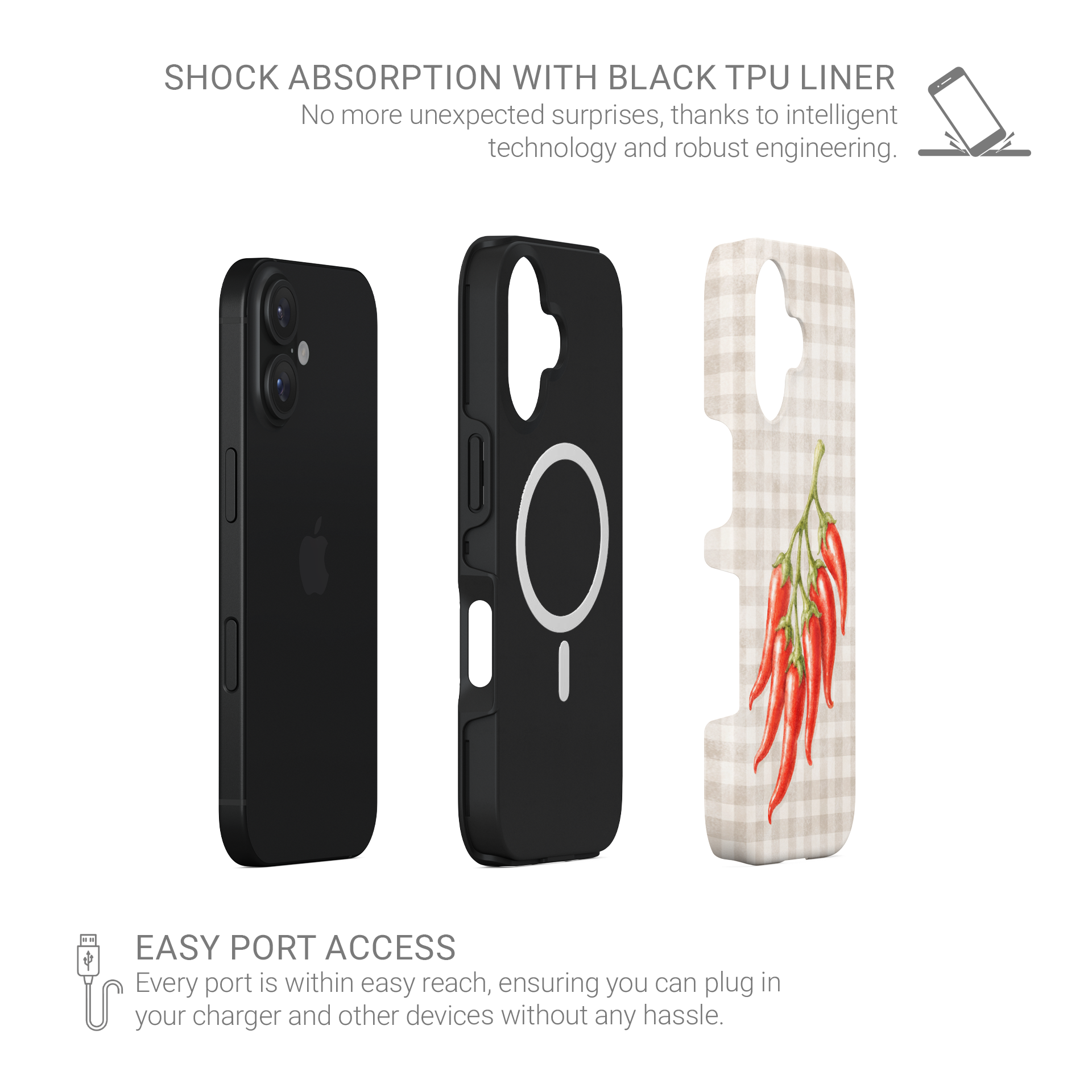 Scarlet Spice Tough Phone Case with watercolour red chillies on soft cream gingham
