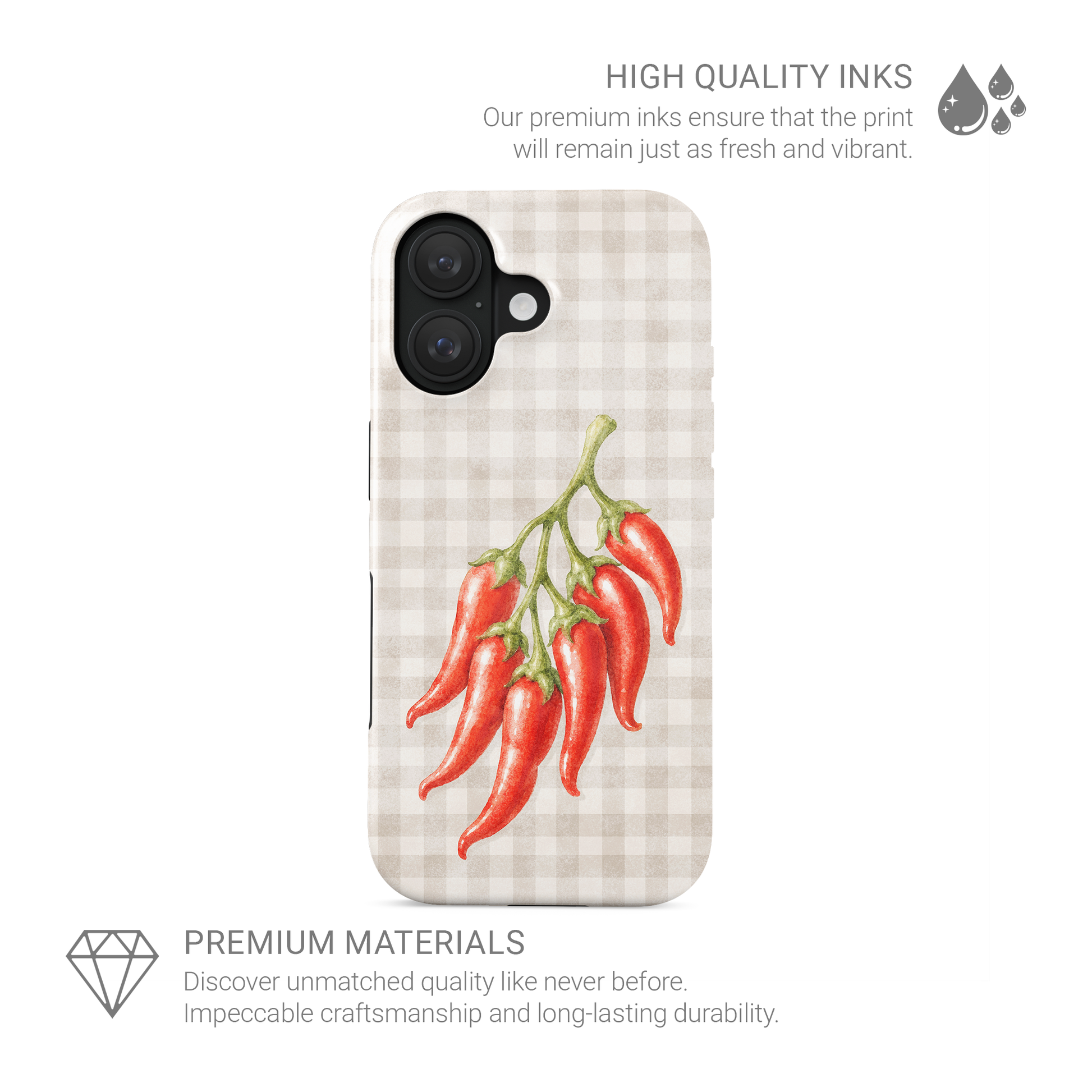 Scarlet Spice Tough Phone Case with watercolour red chillies on soft cream gingham
