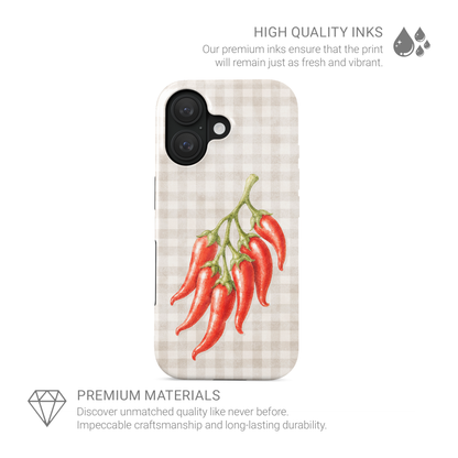 Scarlet Spice Tough Phone Case with watercolour red chillies on soft cream gingham
