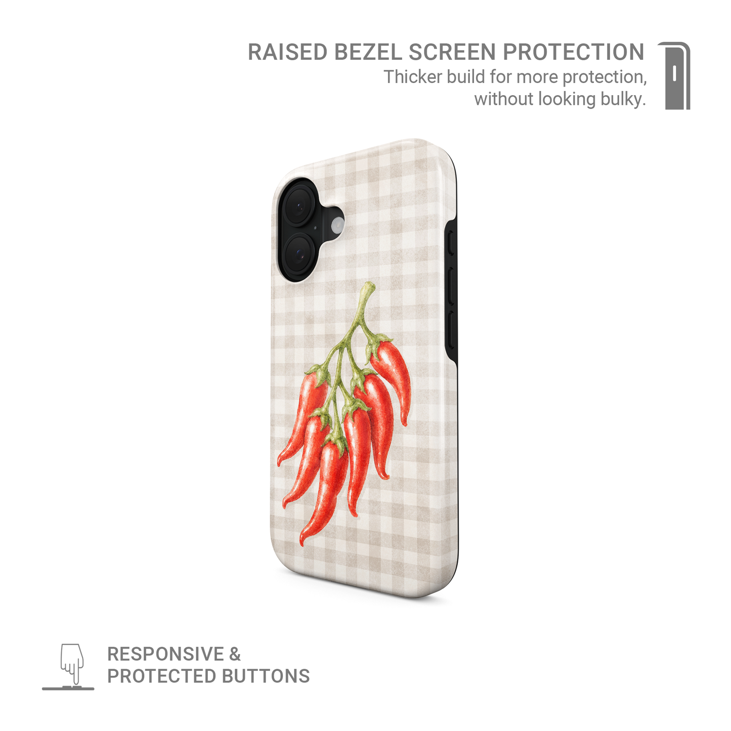 Scarlet Spice Tough Phone Case with watercolour red chillies on soft cream gingham
