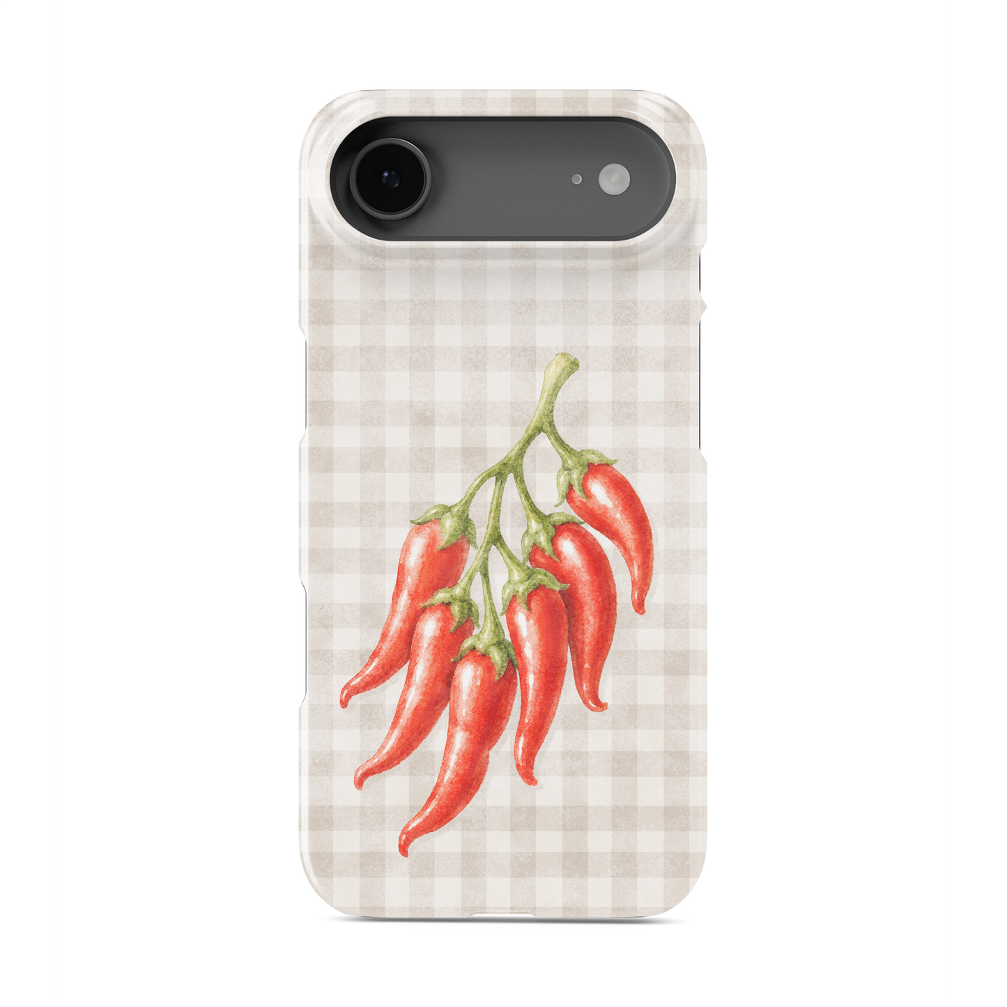 Scarlet Spice Snap Phone Case with watercolour red chillies on soft cream gingham
