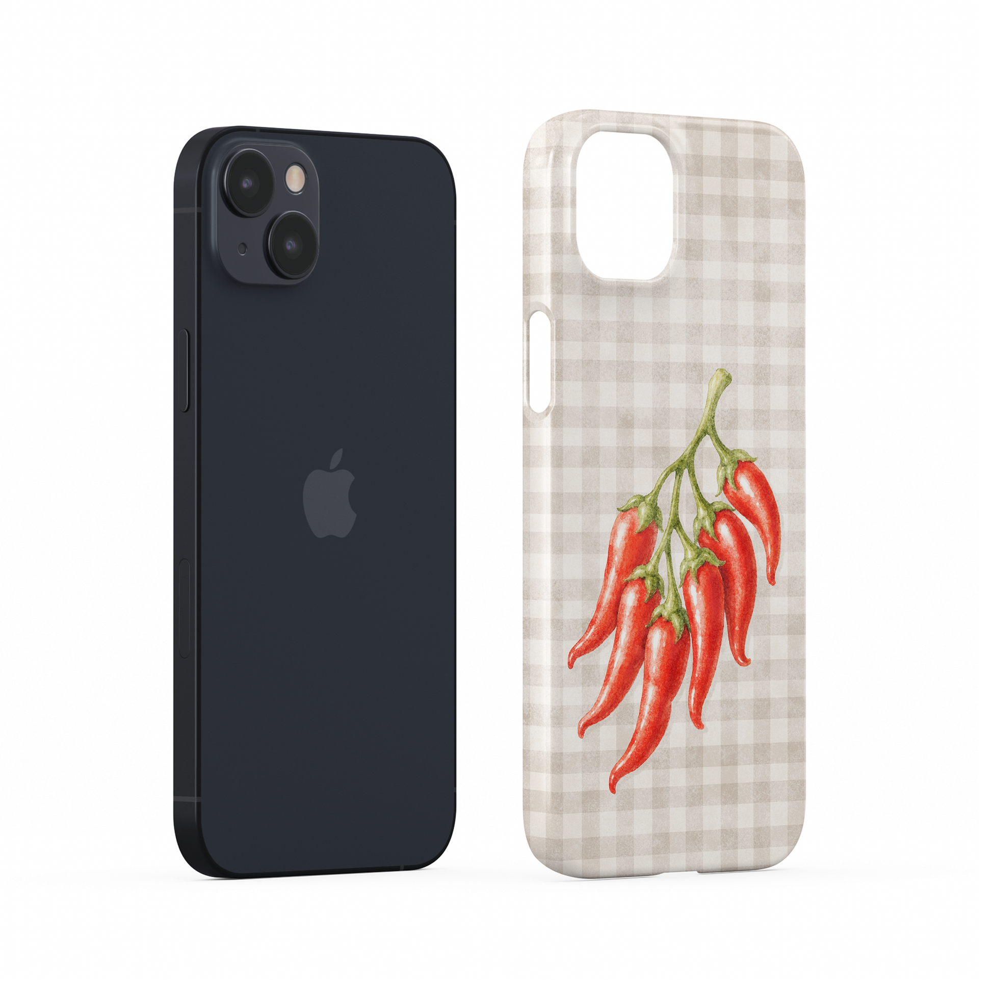 Scarlet Spice Snap Phone Case with watercolour red chillies on soft cream gingham
