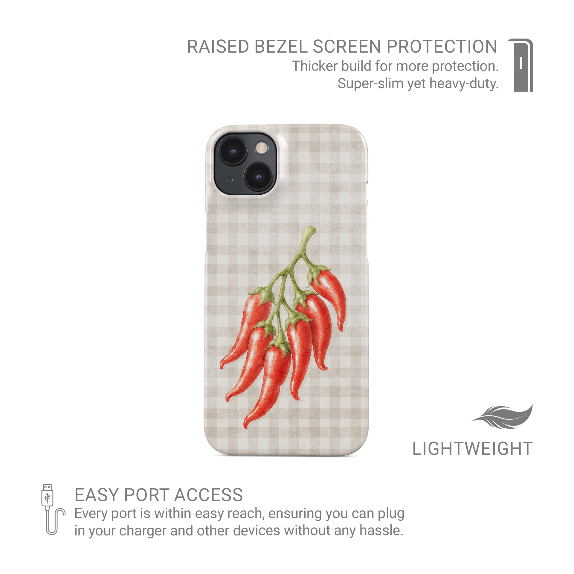 Scarlet Spice Snap Phone Case with watercolour red chillies on soft cream gingham
