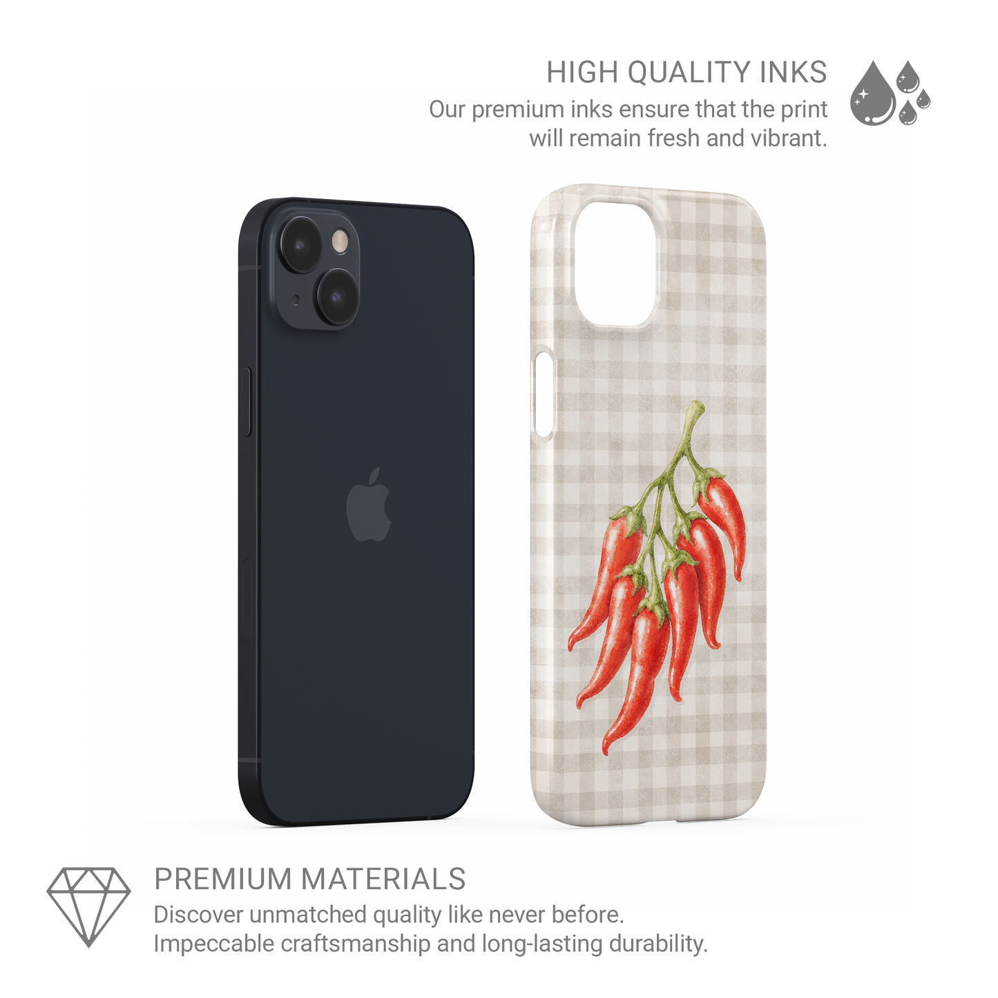 Scarlet Spice Snap Phone Case with watercolour red chillies on soft cream gingham
