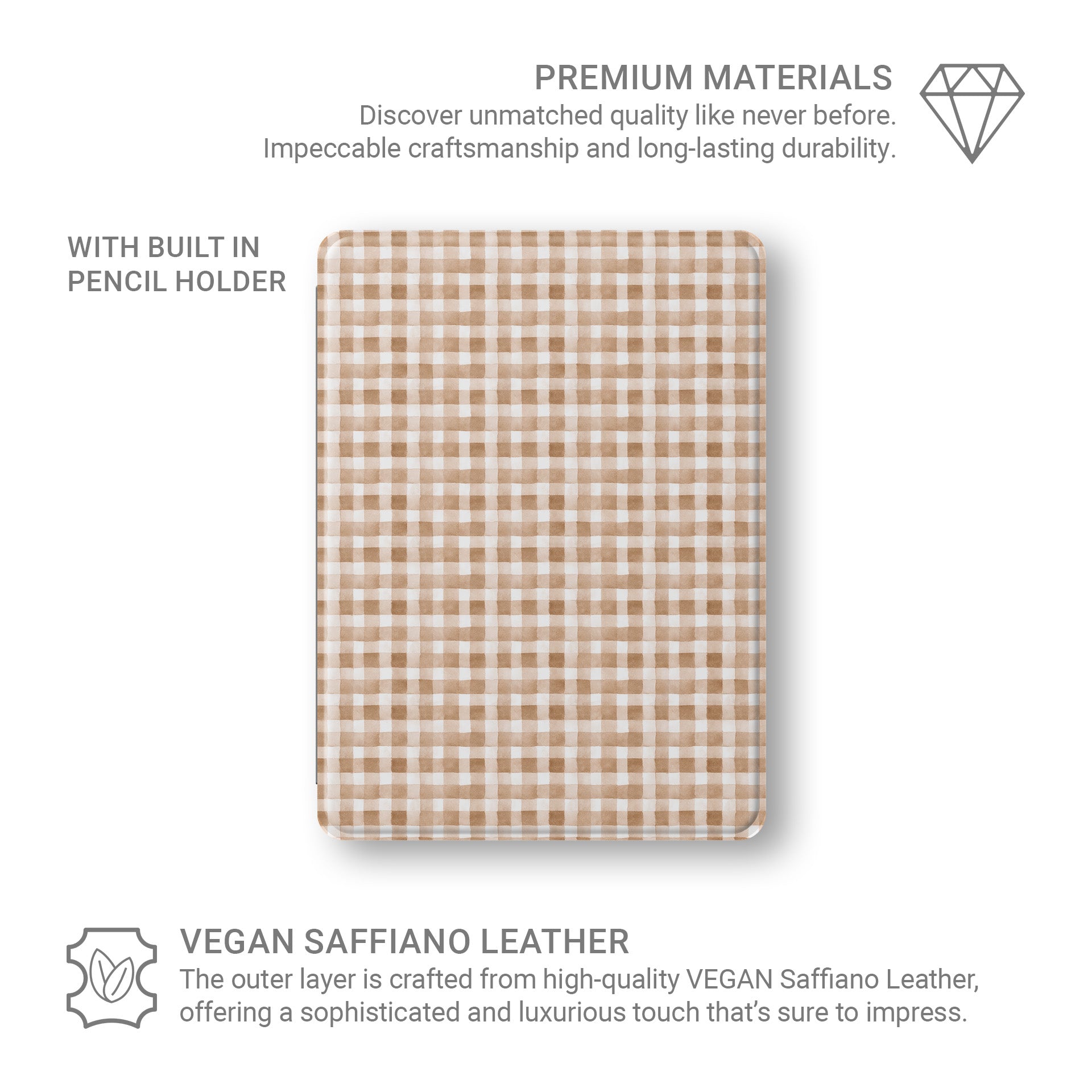 iPad Case with autumn checkered design and Apple Pencil holder
