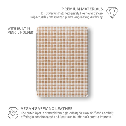 iPad Case with autumn checkered design and Apple Pencil holder