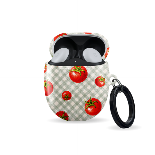 Tomato Tumble Google Pixel Buds Case with scattered hand-painted red tomatoes on soft sage gingham
