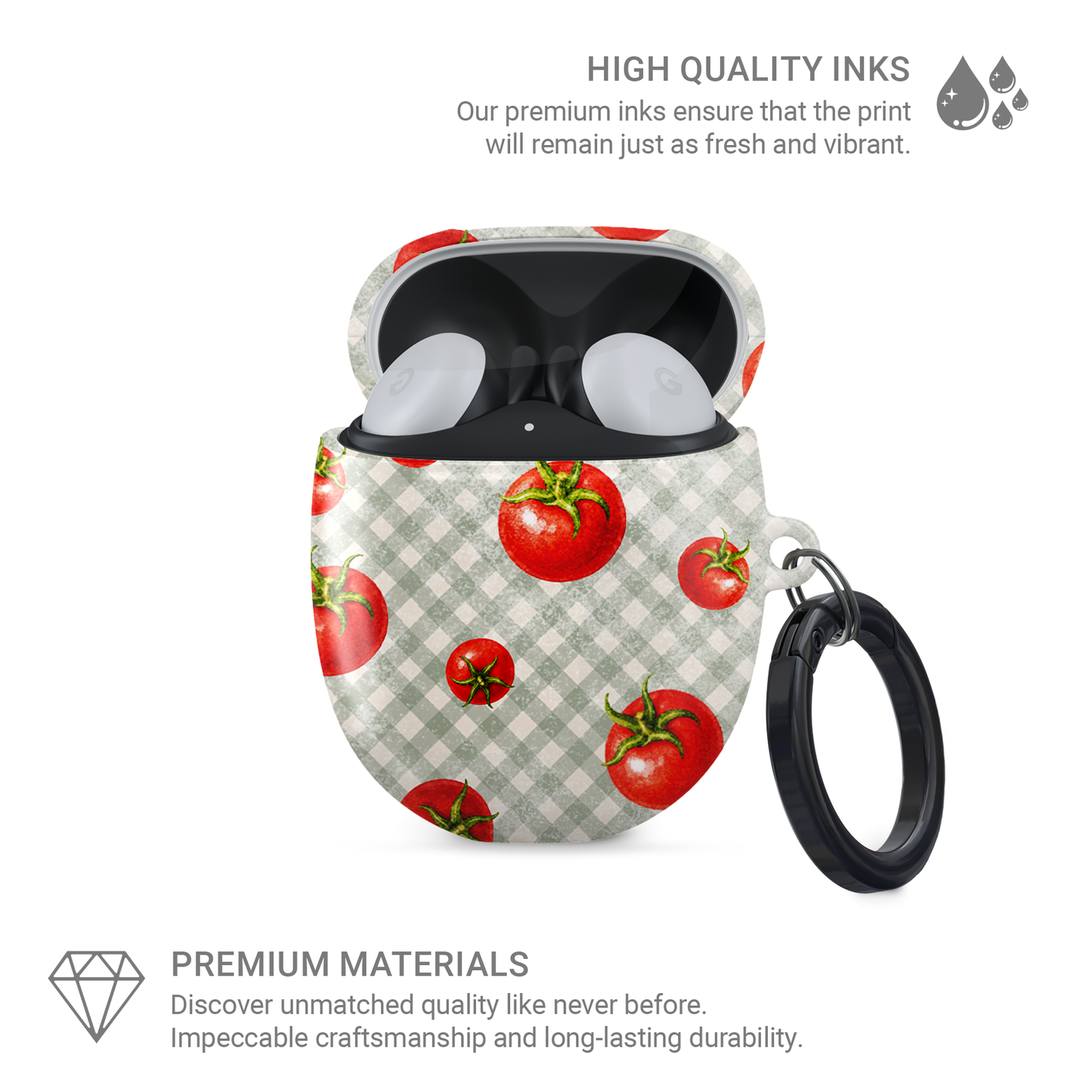 Tomato Tumble Google Pixel Buds Case with scattered hand-painted red tomatoes on soft sage gingham
