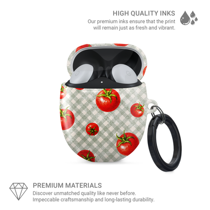 Tomato Tumble Google Pixel Buds Case with scattered hand-painted red tomatoes on soft sage gingham
