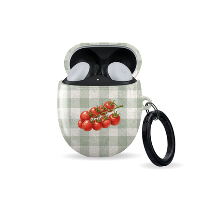 Garden Bounty Google Pixel Buds Case with watercolour red tomato vine on soft sage gingham
