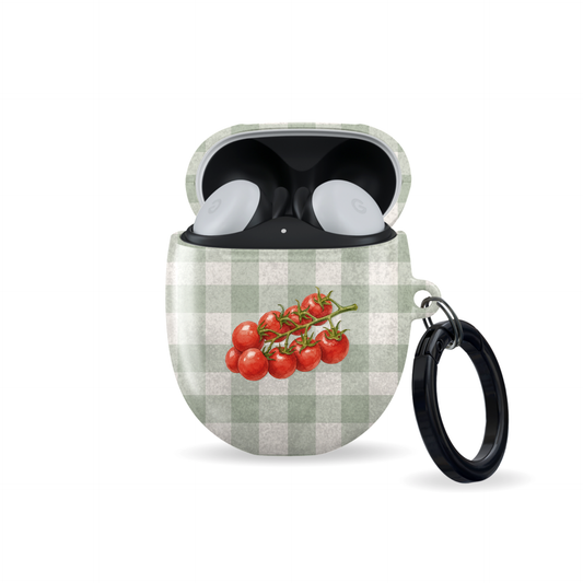 Garden Bounty Google Pixel Buds Case with watercolour red tomato vine on soft sage gingham

