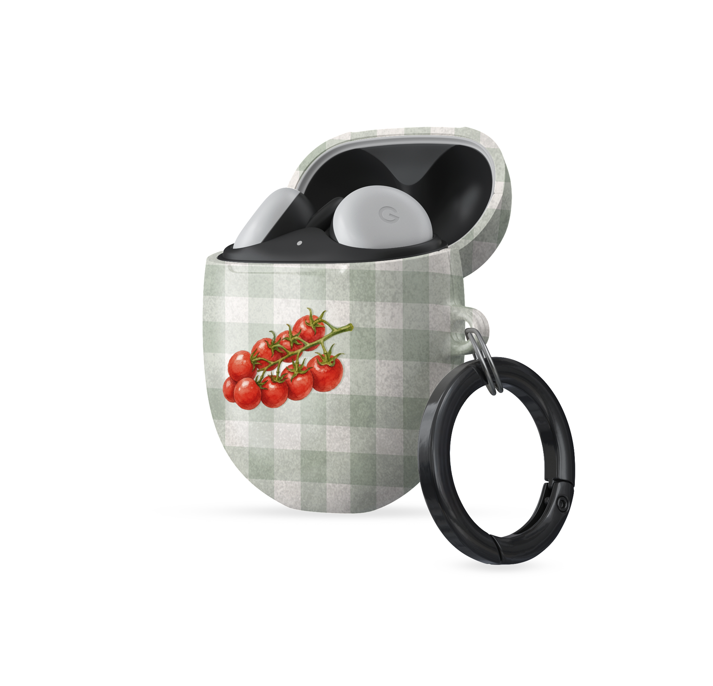 Garden Bounty Google Pixel Buds Case with watercolour red tomato vine on soft sage gingham

