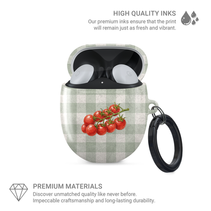 Garden Bounty Google Pixel Buds Case with watercolour red tomato vine on soft sage gingham

