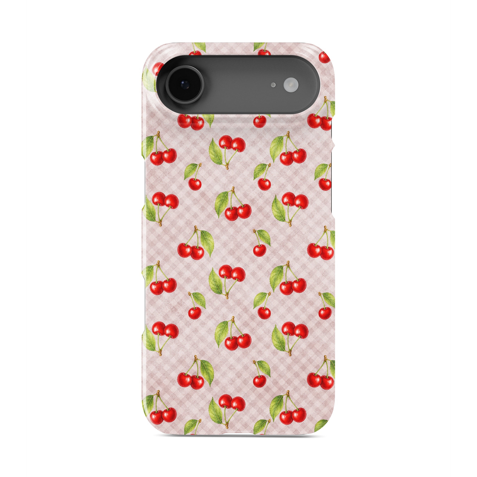 Tomato Tumble Snap Phone Case with scattered hand-painted red tomatoes on soft sage gingham

