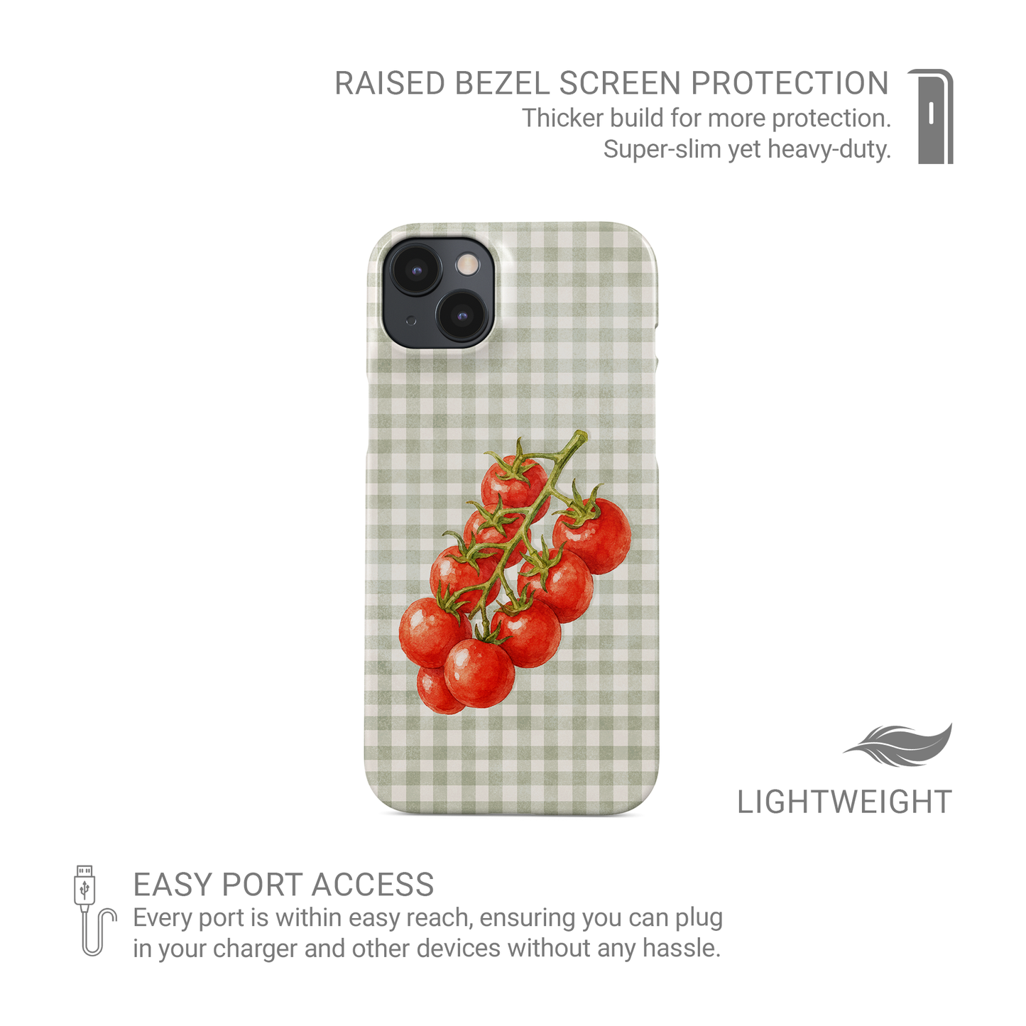 Garden Bounty Snap Phone Case with watercolour red tomato vine on soft sage gingham

