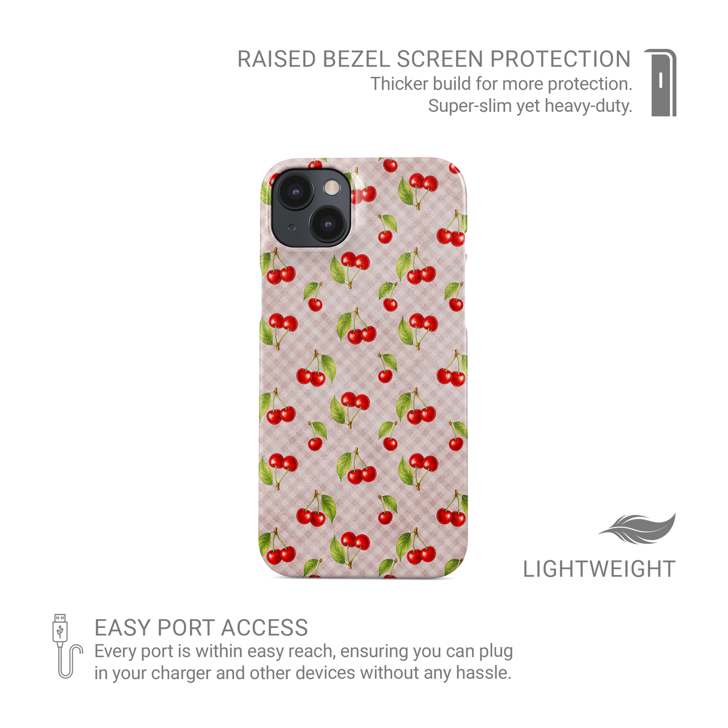 Tomato Tumble Snap Phone Case with scattered hand-painted red tomatoes on soft sage gingham
