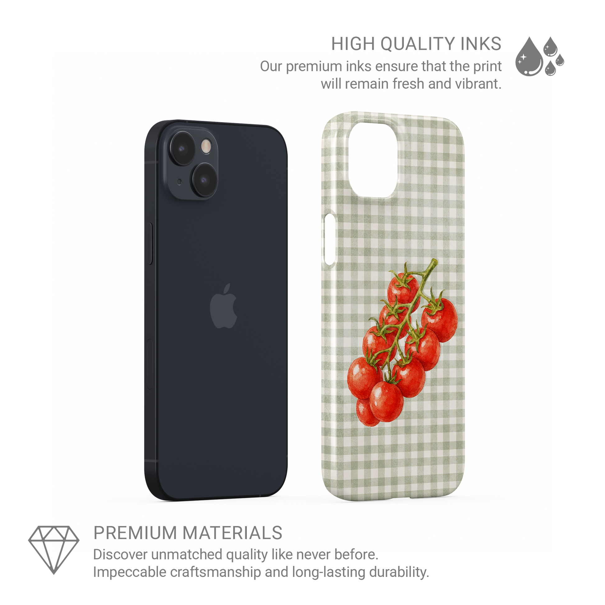 Garden Bounty Snap Phone Case with watercolour red tomato vine on soft sage gingham
