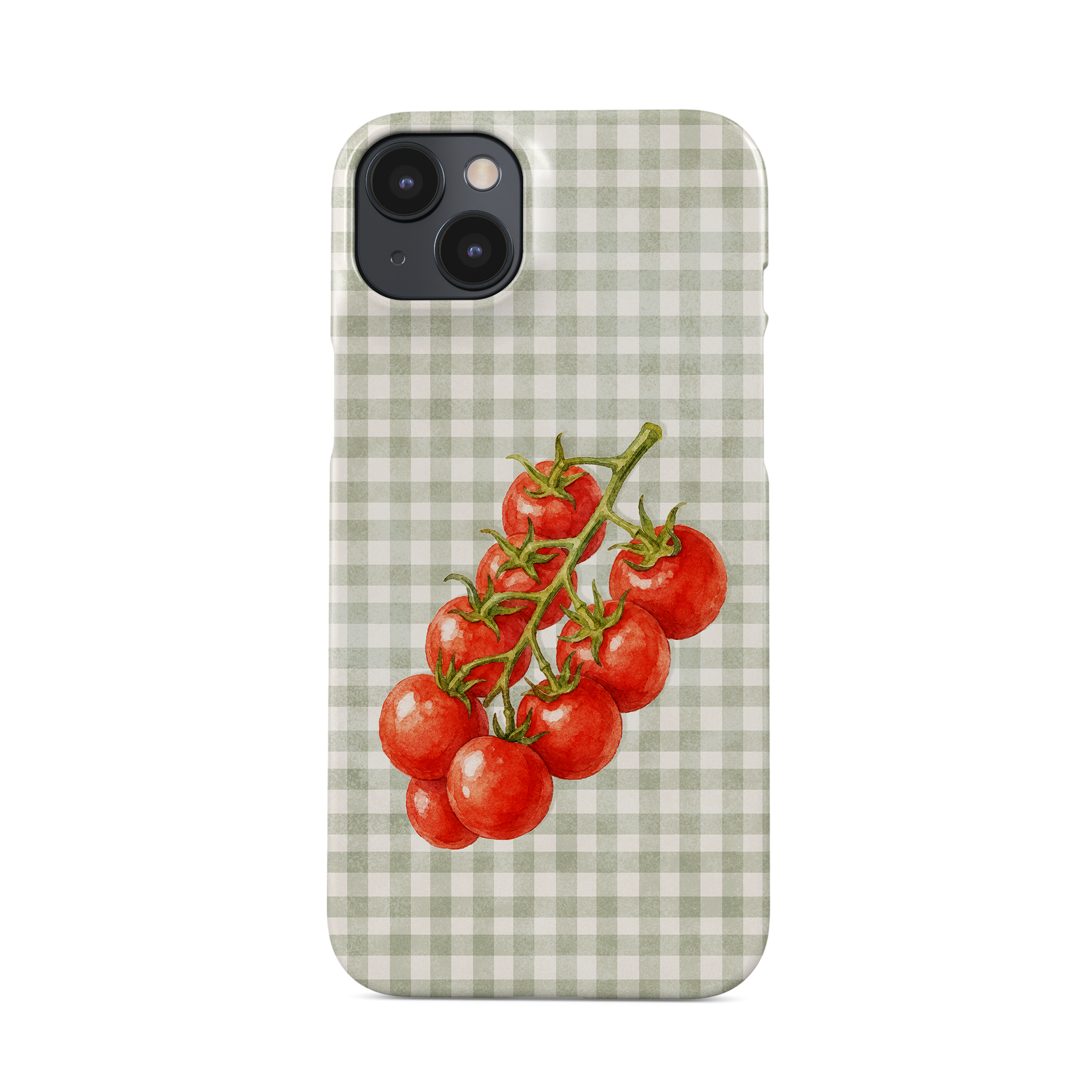 Garden Bounty Snap Phone Case with watercolour red tomato vine on soft sage gingham
