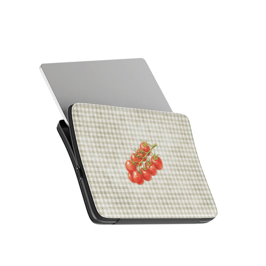 Garden Bounty Laptop Sleeve with watercolour red tomato vine on soft sage gingham
