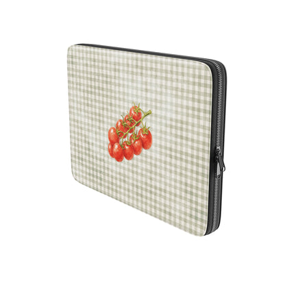 Garden Bounty Laptop Sleeve with watercolour red tomato vine on soft sage gingham
