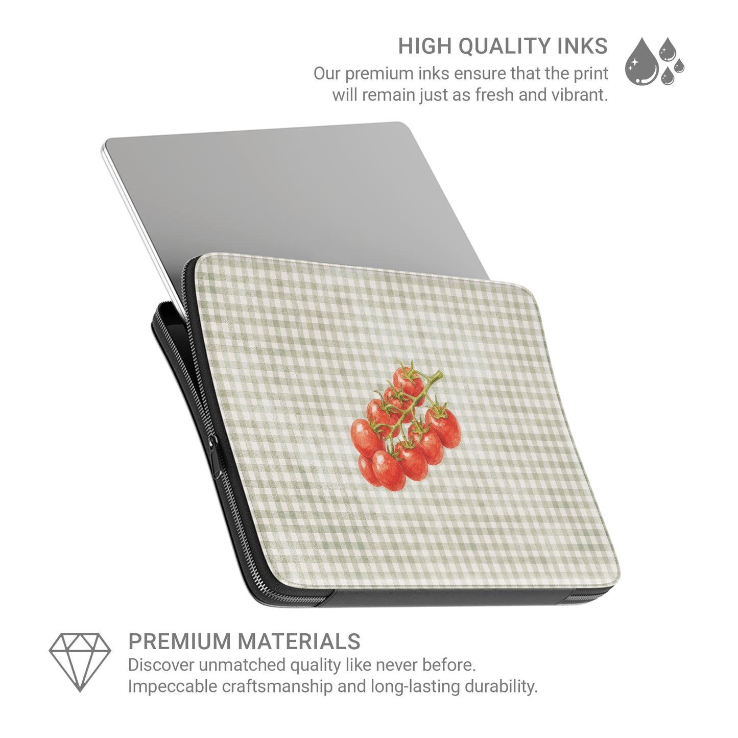 Garden Bounty Laptop Sleeve with watercolour red tomato vine on soft sage gingham
