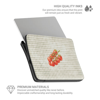 Garden Bounty Laptop Sleeve with watercolour red tomato vine on soft sage gingham
