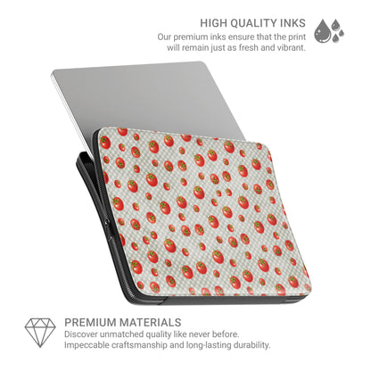 Tomato Tumble Laptop Sleeve with scattered hand-painted red tomatoes on soft sage gingham
