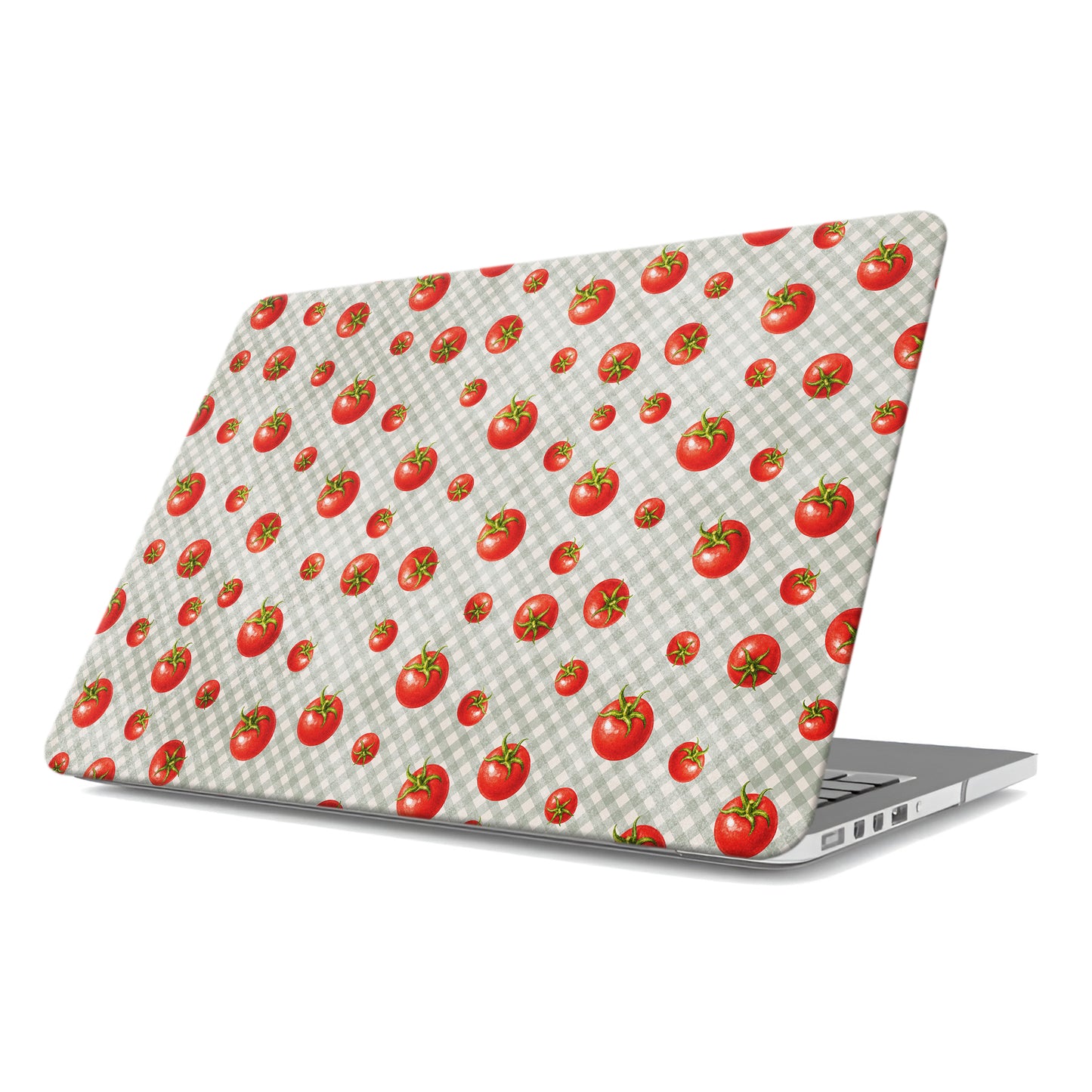 Tomato Tumble MacBook Case with scattered hand-painted red tomatoes on soft sage gingham
