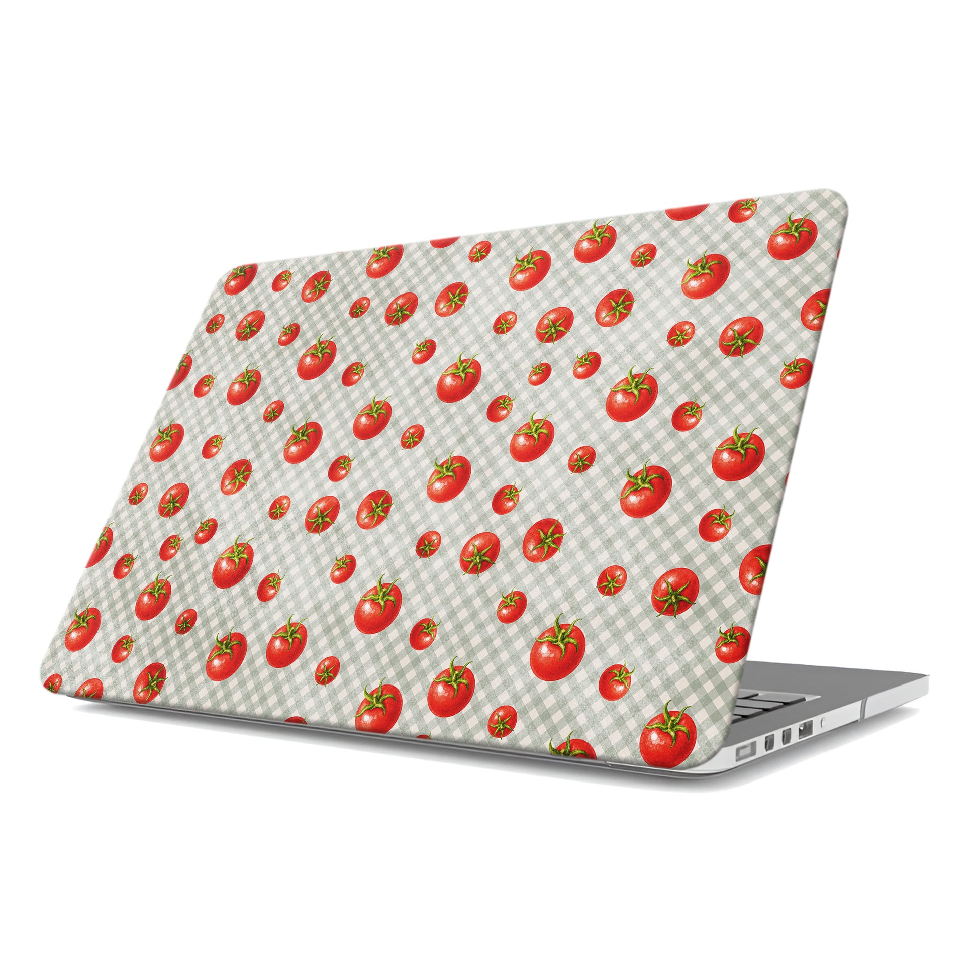 Tomato Tumble MacBook Case with scattered hand-painted red tomatoes on soft sage gingham
