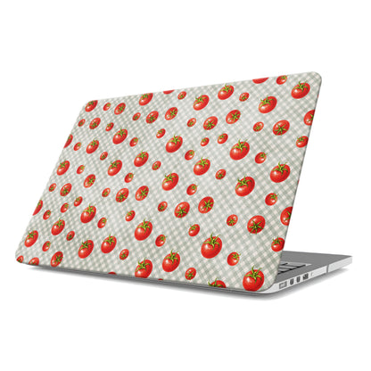 Tomato Tumble MacBook Case with scattered hand-painted red tomatoes on soft sage gingham
