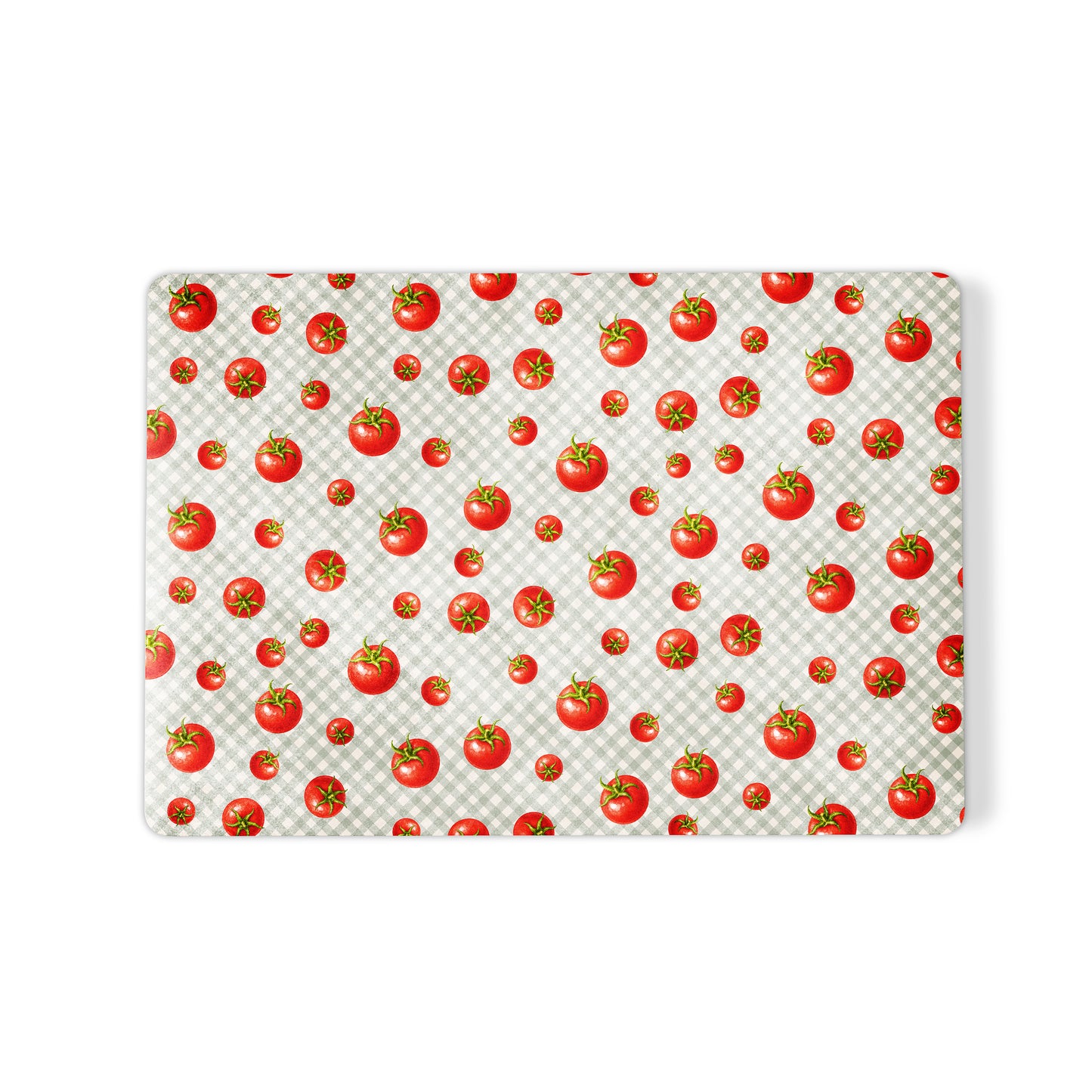 Tomato Tumble MacBook Case with scattered hand-painted red tomatoes on soft sage gingham
