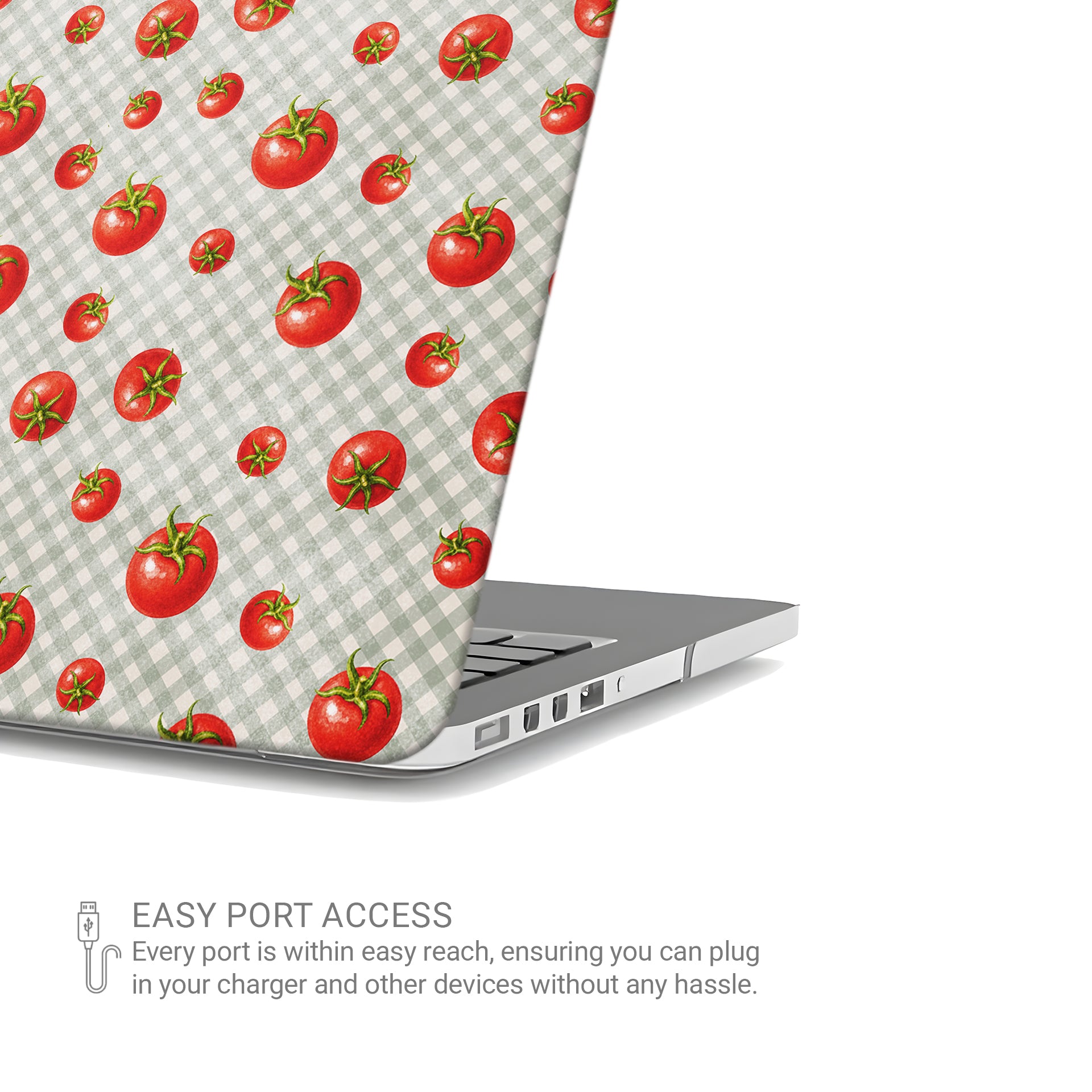 Tomato Tumble MacBook Case with scattered hand-painted red tomatoes on soft sage gingham
