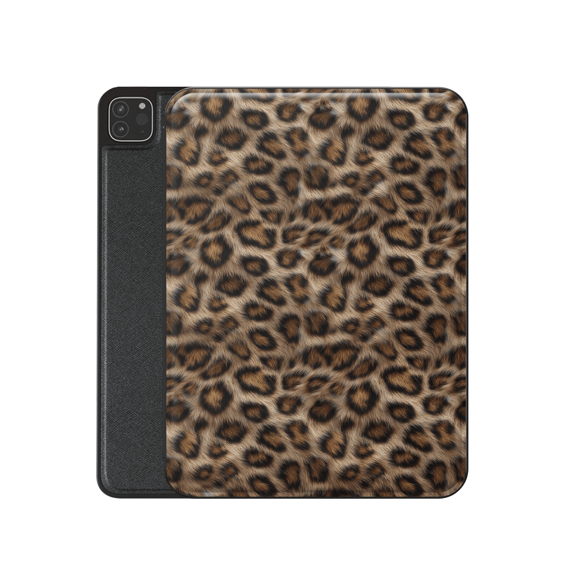Golden Huntress iPad Case with luxury vegan leather leopard print, matte finish and Apple Pencil holder.