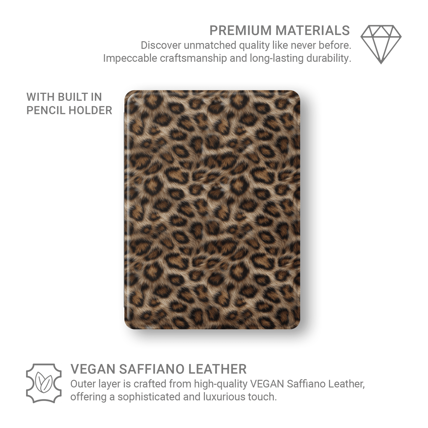 Golden Huntress iPad Case with luxury vegan leather leopard print, matte finish and Apple Pencil holder.