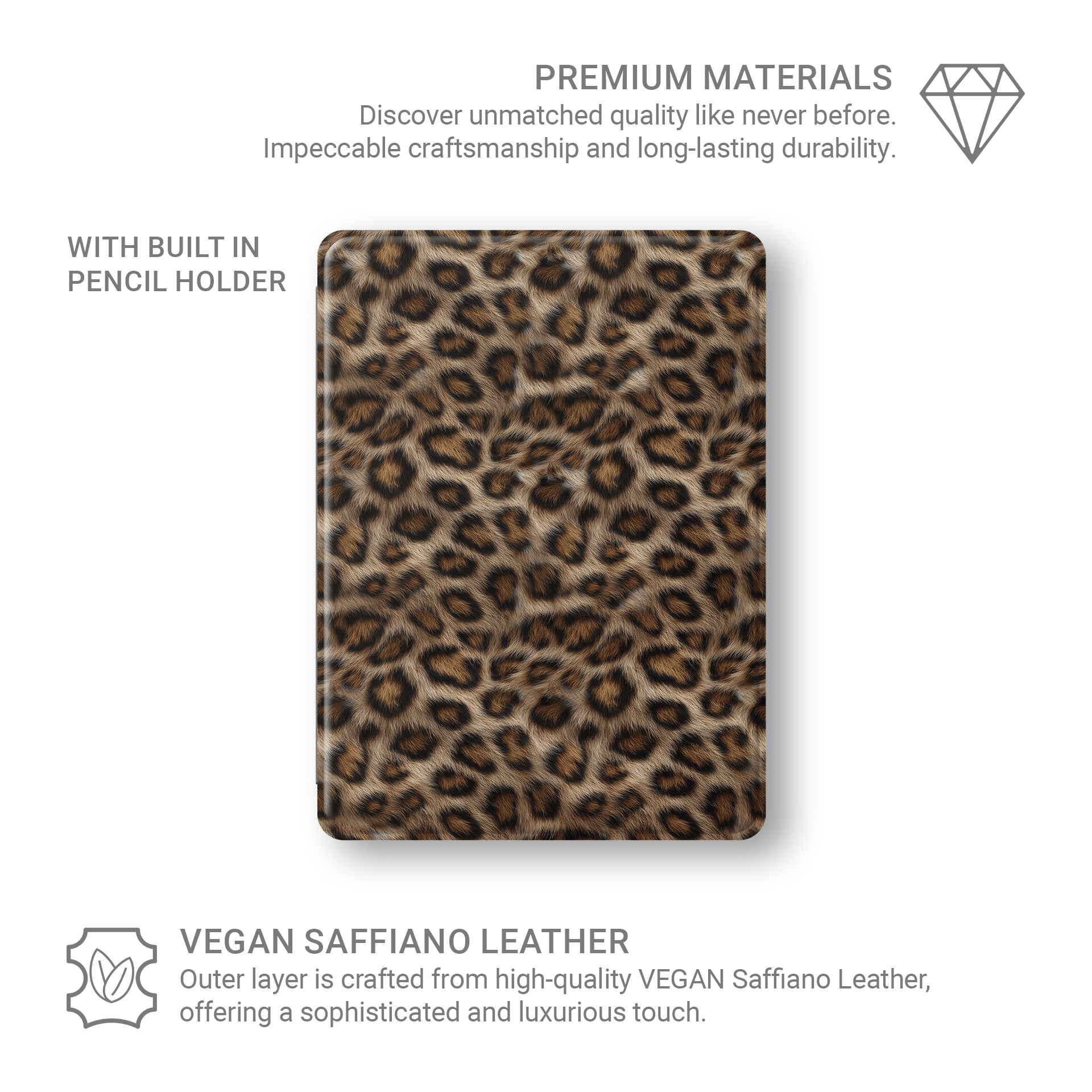Golden Huntress iPad Case with luxury vegan leather leopard print, matte finish and Apple Pencil holder.