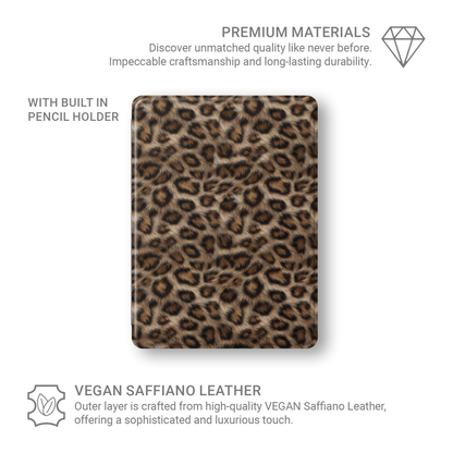 Golden Huntress iPad Case with luxury vegan leather leopard print, matte finish and Apple Pencil holder.