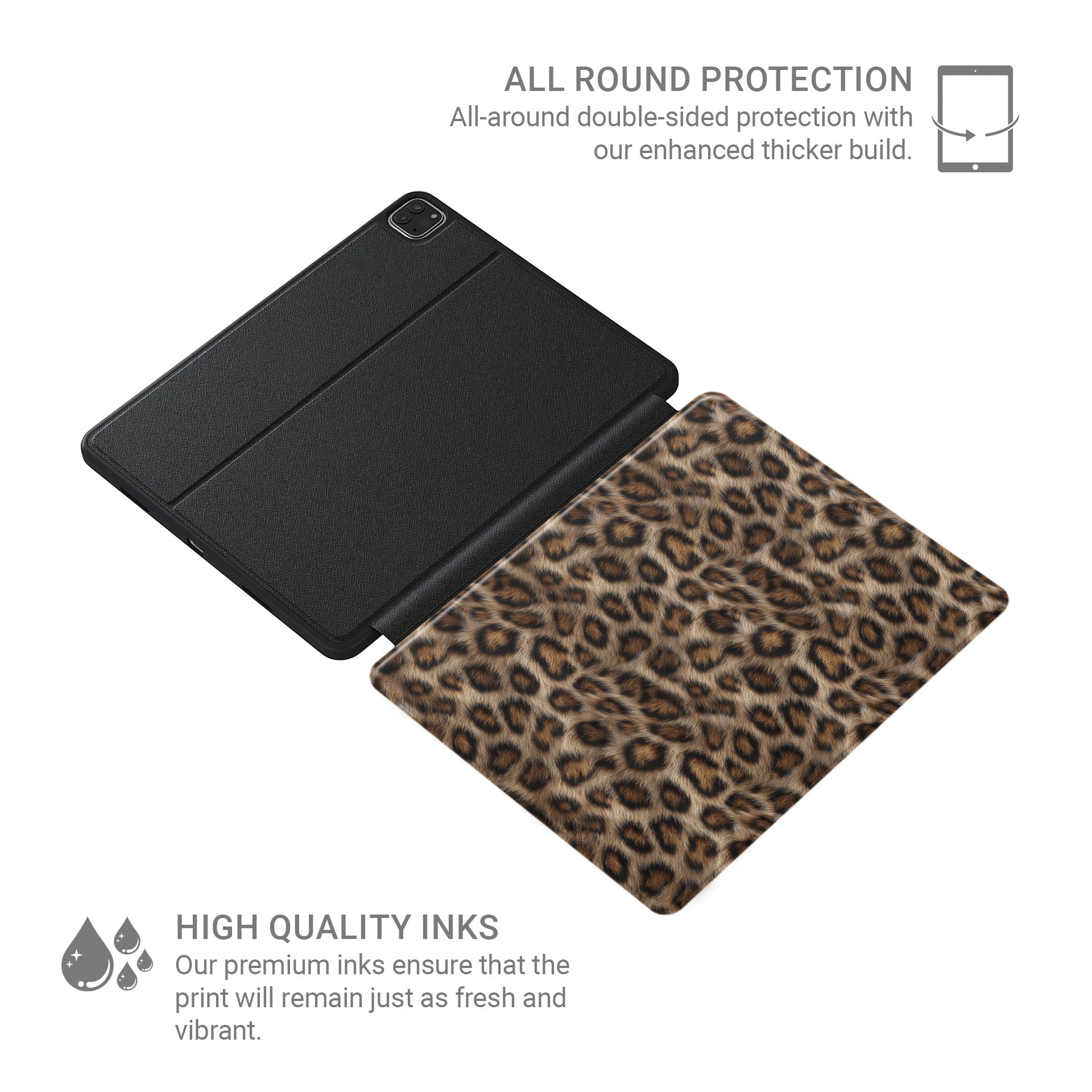 Golden Huntress iPad Case with luxury vegan leather leopard print, matte finish and Apple Pencil holder.