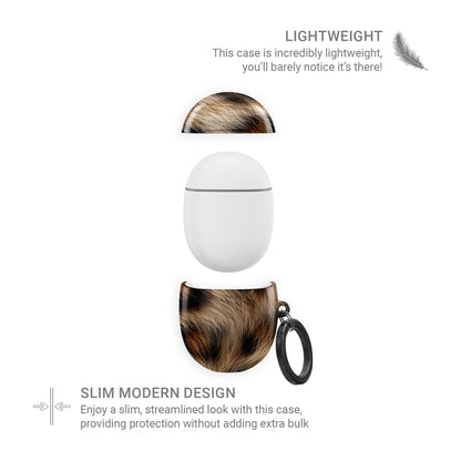 Golden Huntress leopard print Google Pixel Buds case with glossy fur pattern and keyring loop