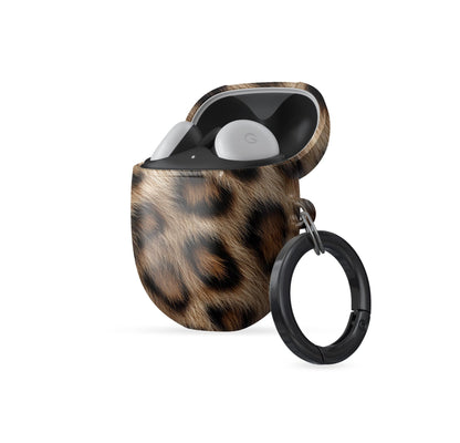 Golden Huntress leopard print Google Pixel Buds case with glossy fur pattern and keyring loop