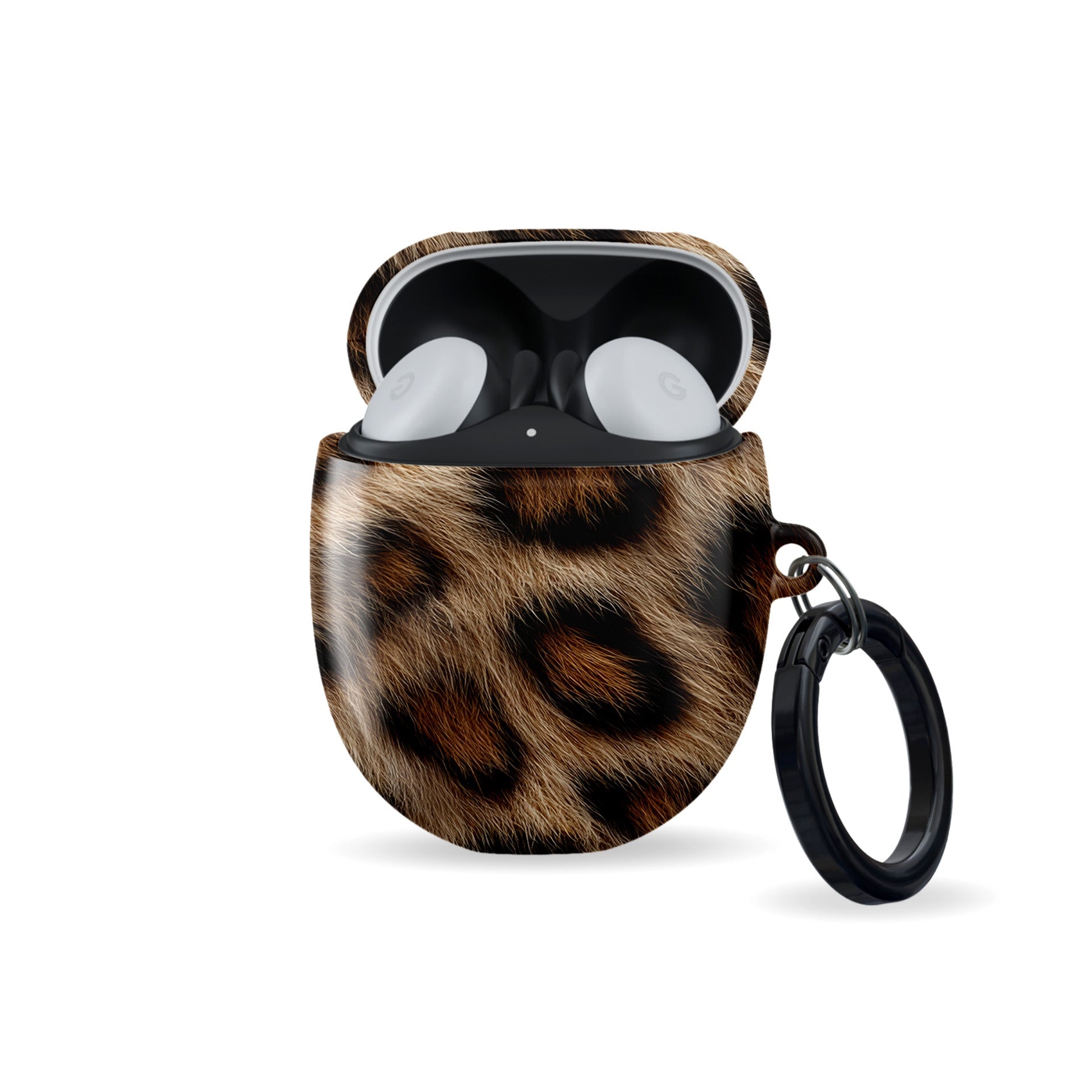 Golden Huntress leopard print Google Pixel Buds case with glossy fur pattern and keyring loop