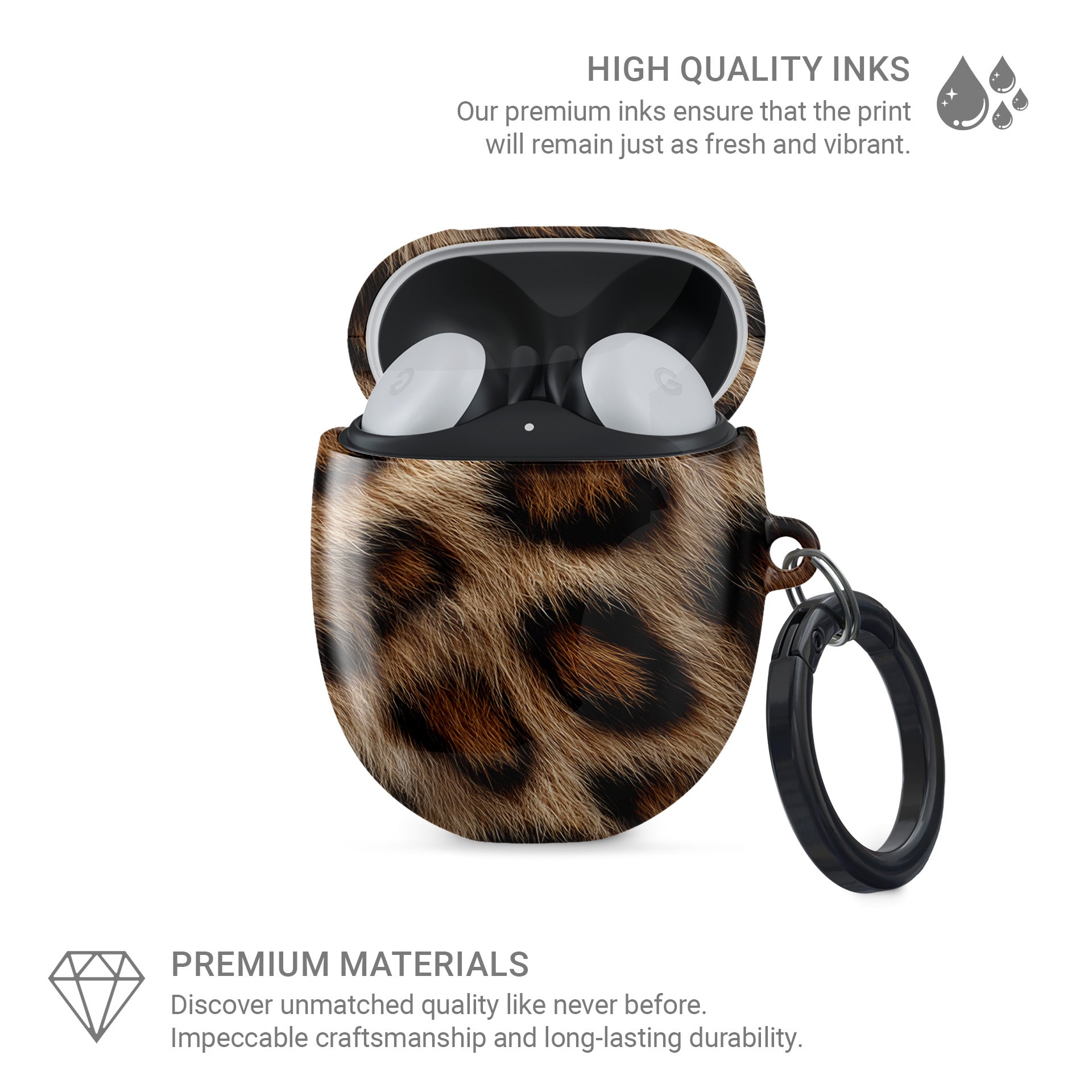 Golden Huntress leopard print Google Pixel Buds case with glossy fur pattern and keyring loop